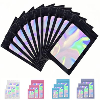 EYRMQWJPC Slide Zip Lock Flat Pouches, 50pcs Small Ziplock Mylar Bags with Hanging Hole Clear Foil Bags(Holographic Black,3.1"x5.1" (8x13cm))