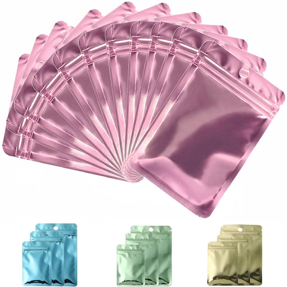 EYRMQWJPC Slide Zip Lock Flat Pouches, 100pcs Reusable Odorless Plastic Mylar Bags with Zipper Closure4.1 x5.9(Metallic Pink,4.7"x7.9" (12x20cm))