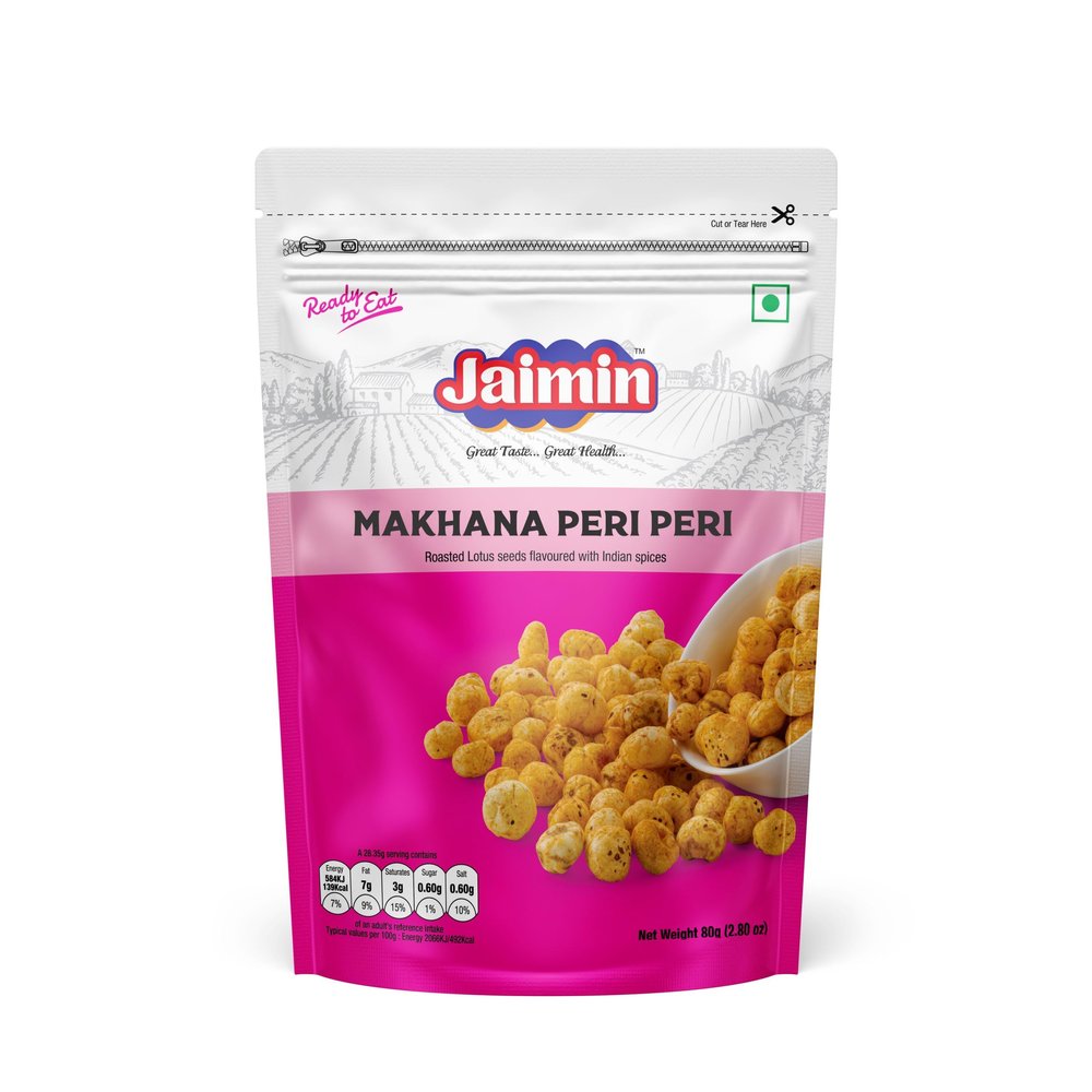 Jaimin Makhana Peri Peri, Roasted Lotus Seeds with Indian Spices, Crunchy & Flavorful Snack 80g pack (Pack of 6, 80, gram)
