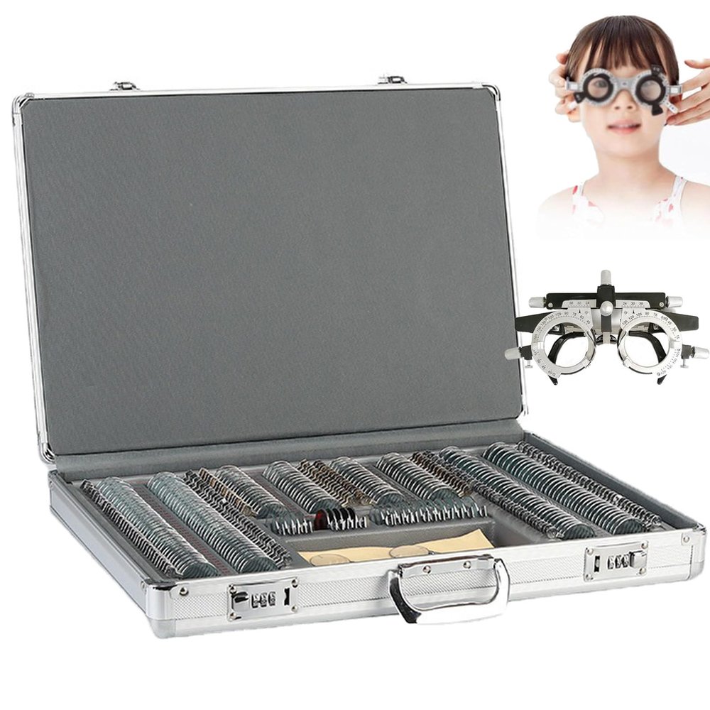 232 Pcs Optical trial lens + Trial Frame + Aluminum Case, Precise Optical Lens Optometry Kit Metal Rim Optometry Test Trial Frame with Aluminium Case, 26mm Clear Aperture, Password Lock, Degree Marks