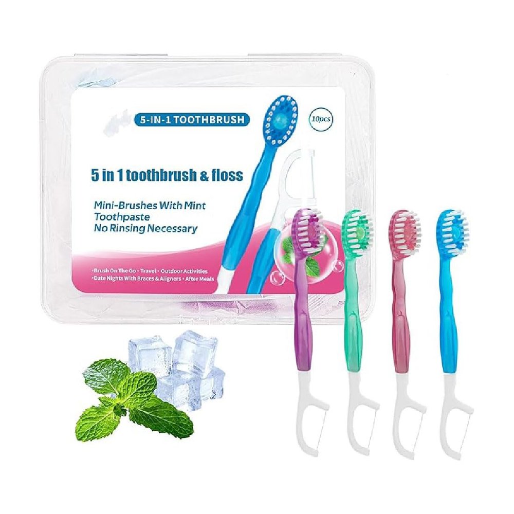 5 in 1 Toothbrush & Floss, Mini Toothbrushes 5 in 1 Tool, 5-in-1 Toothbrush & Floss & Tongue Scraper & Toothpick Set, Mini Disposable Toothbrushes with Toothpaste, Portable Oral Care Set
