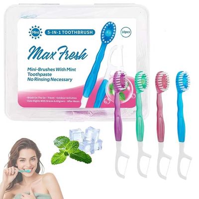 10PCS 5 in 1 Toothbrush & Floss, Mini Toothbrush 5 in 1 Tool, Disposable Mini Toothbrushes, Portable Pre-Pasted Mini Travel Toothbrush Set with Floss & Tongue Scraper - Mixed