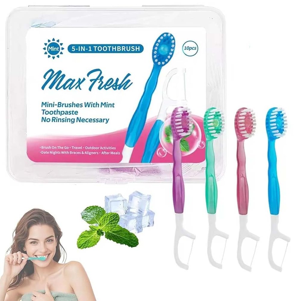 10PCS 5 in 1 Toothbrush & Floss, Mini Toothbrush 5 in 1 Tool, Disposable Mini Toothbrushes, Portable Pre-Pasted Mini Travel Toothbrush Set with Floss & Tongue Scraper - Mixed