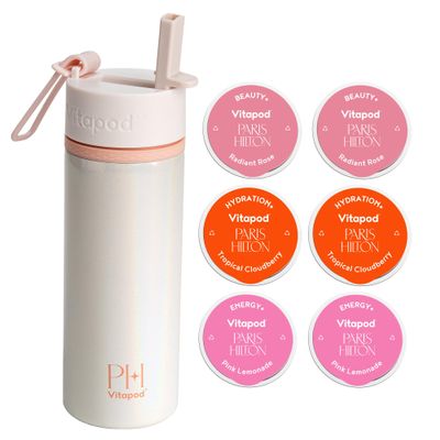 Vitapod Paris Hilton x Daily Wellness System - 22oz Pearlescent Water Bottle in Champagne Kiss & 6 Drink Mix Pod Sampler, Includes BEAUTY+, HYDRATION+, and ENERGY+ Functional Drink Mix Pods