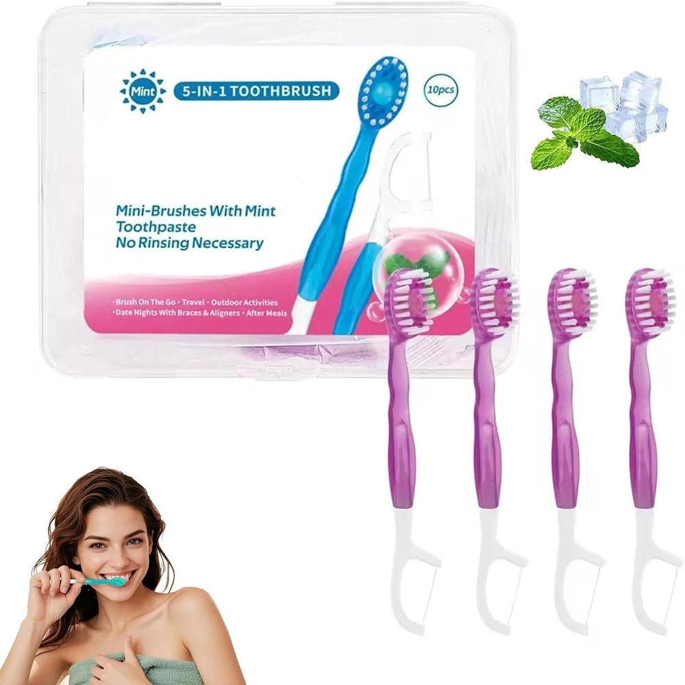 5 in 1 Toothbrush & Floss, Disposable Mini Toothbrushes, Portable Pre-Pasted Mini Travel Toothbrush Set with Floss, Pick & Tongue Scraper, Portable Oral Care for Travel Work (Sakura Flavor, 10pcs)