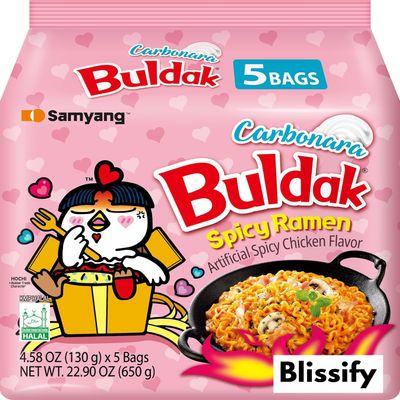 Blissify -Korean Import Hot Chicken Flavour Carbo nara Noodles - Fire Fried Super Hot Spicy PINK Noodle (128g x 5) - HALAL - By Buldak