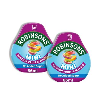 Robinsons Mini Passion Fruit & Mango 2-Pack (66ml Each) - Highly Concentrated Low Calorie Soft Drink With Zero Sugar