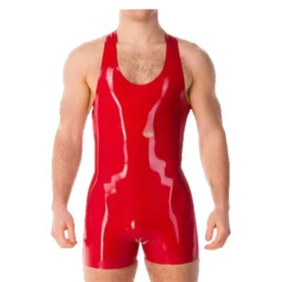 VIYOLI Sleeveless Latex Male Catsuit Sexy Rubber Bodysuits Half Pants Mens Tight Clothing Jumpsuit Without Any Zipper,black,XS
