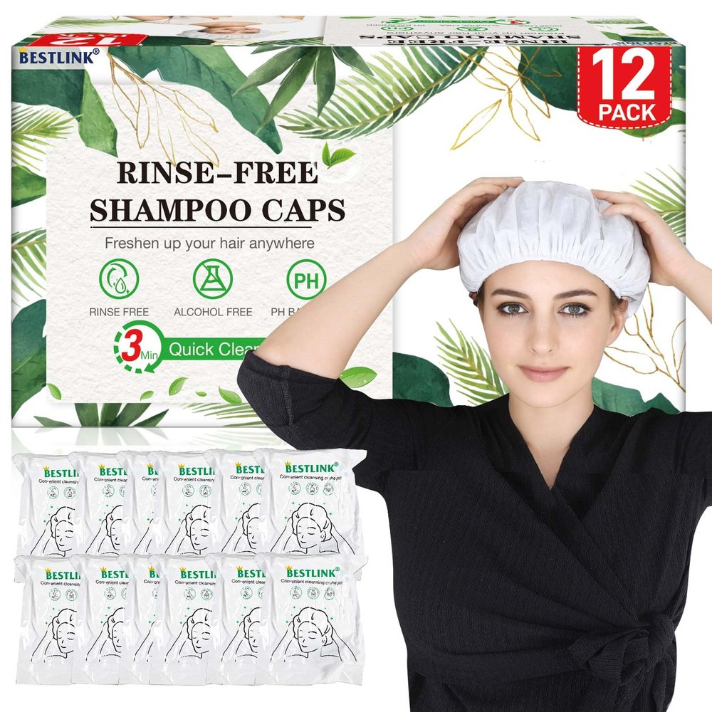 Shampoo Caps No Rinse, Hair Washing Shampoo Shower Caps for Elderly and Bedridden Patients, Rinse Free Shampoo Shower Caps for Post Surgery, Hospital, Camping (12 Pack)