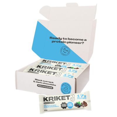 Kriket Protein Bars - Blackcurrant & Dark Chocolate Protein Bars Full Case - 9 x 50g Bars - Eco Friendly Protein - 17g Protein Each - Made With Cricket Powder