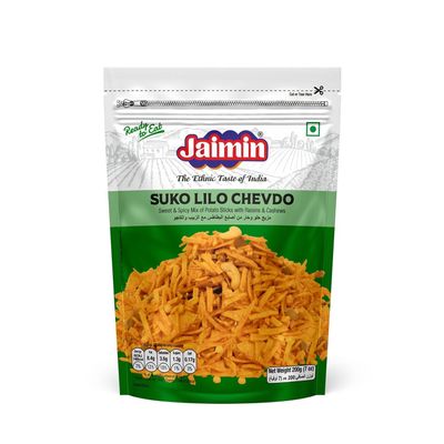 Jaimin Indian Snacks Variety Pack, 34 Items - Ratlami Sev, Makhna, Jeera Puri, Khatta Mitha, Pudina Moong, Chana Dal, Chai Puri, Banana Chips, Soya Sticks & More (Pack of 1, suko-lilo-chevdo)