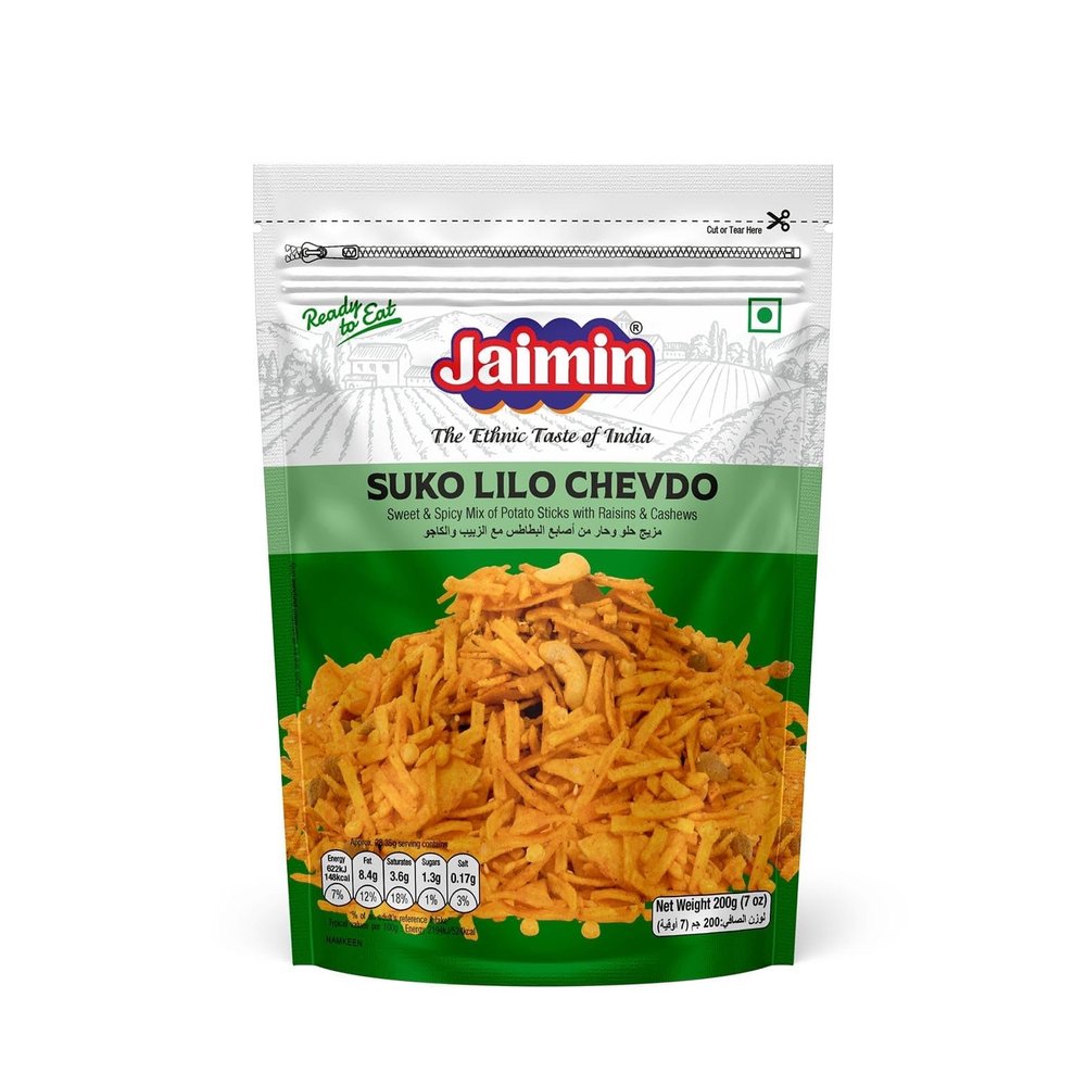 Jaimin Indian Snacks Variety Pack, 34 Items - Ratlami Sev, Makhna, Jeera Puri, Khatta Mitha, Pudina Moong, Chana Dal, Chai Puri, Banana Chips, Soya Sticks & More (Pack of 1, suko-lilo-chevdo)