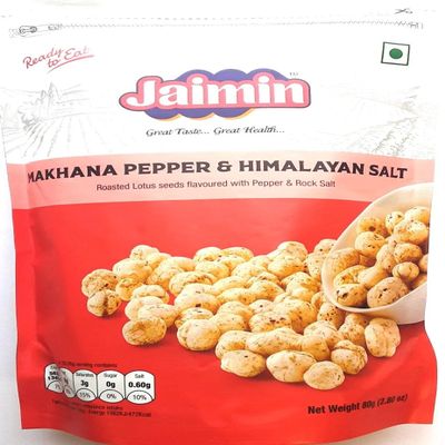 Jaimin Indian Snacks Variety Pack, 34 Items - Ratlami Sev, Makhna, Jeera Puri, Khatta Mitha, Pudina Moong, Chana Dal, Chai Puri, Banana Chips, Soya Sticks & More (Pack of 1, Makhana Pepper & HS)