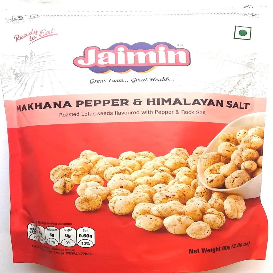 Jaimin Indian Snacks Variety Pack, 34 Items - Ratlami Sev, Makhna, Jeera Puri, Khatta Mitha, Pudina Moong, Chana Dal, Chai Puri, Banana Chips, Soya Sticks & More (Pack of 1, Makhana Pepper & HS)