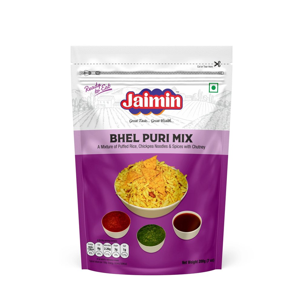 Jaimin Indian Snacks Variety Pack, 34 Items - Ratlami Sev, Makhna, Jeera Puri, Khatta Mitha, Pudina Moong, Chana Dal, Chai Puri, Banana Chips, Soya Sticks & More (Pack of 1, Bhel Puri Mix)
