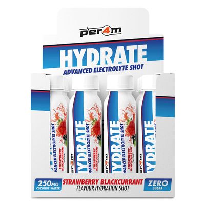 Per4m Hydrate Advanced Electrolyte RTD Shots | 2g Taurine & Coconut Water | Potassium & Magnesium | Hydration for Performance & Recovery | Box of 12 x 100ml (Box, Strawberry Blackcurrant)