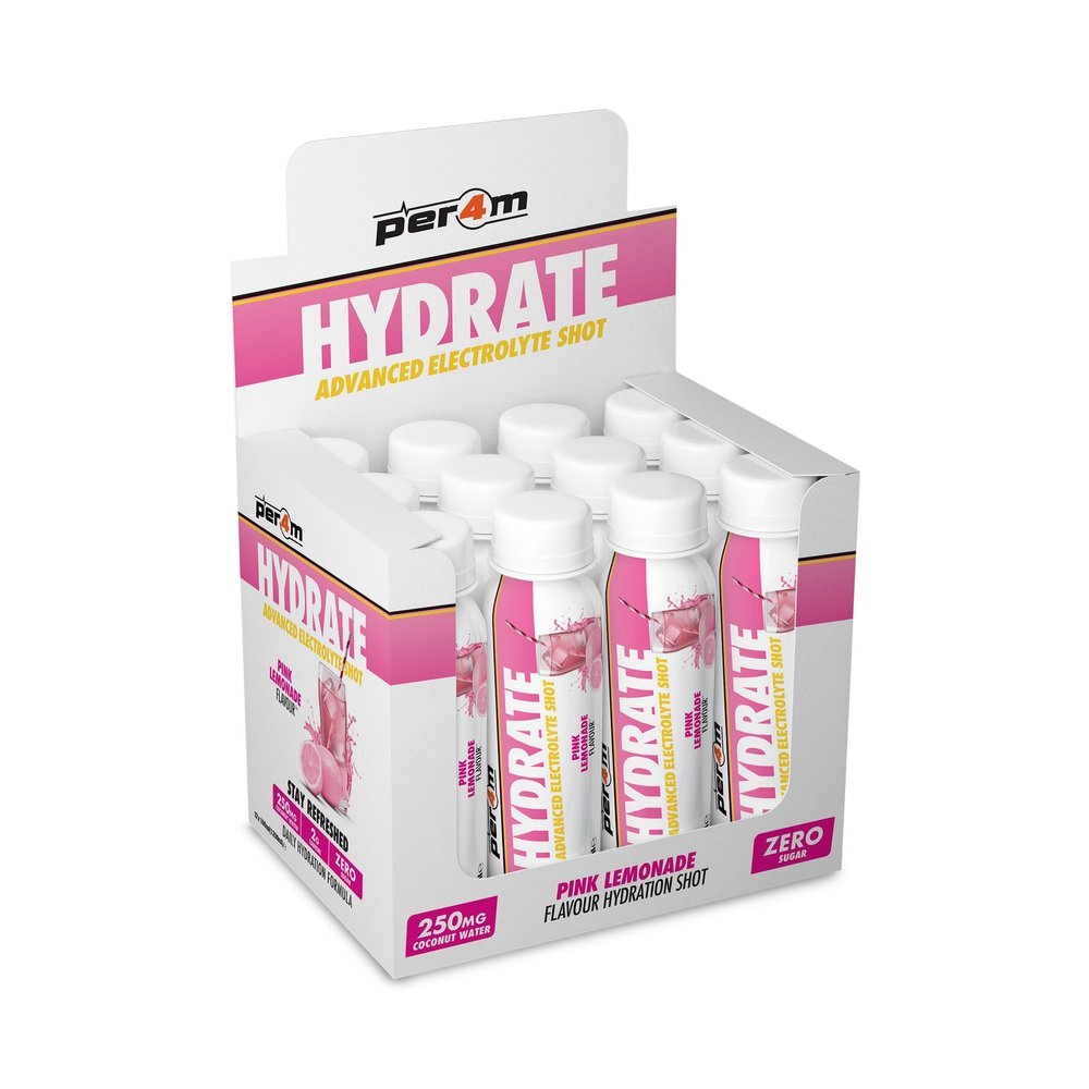 Per4m Hydrate Advanced Electrolyte RTD Shots | 2g Taurine & Coconut Water | Potassium & Magnesium | Hydration for Performance & Recovery | Box of 12 x 100ml (Box, Pink Lemonade)