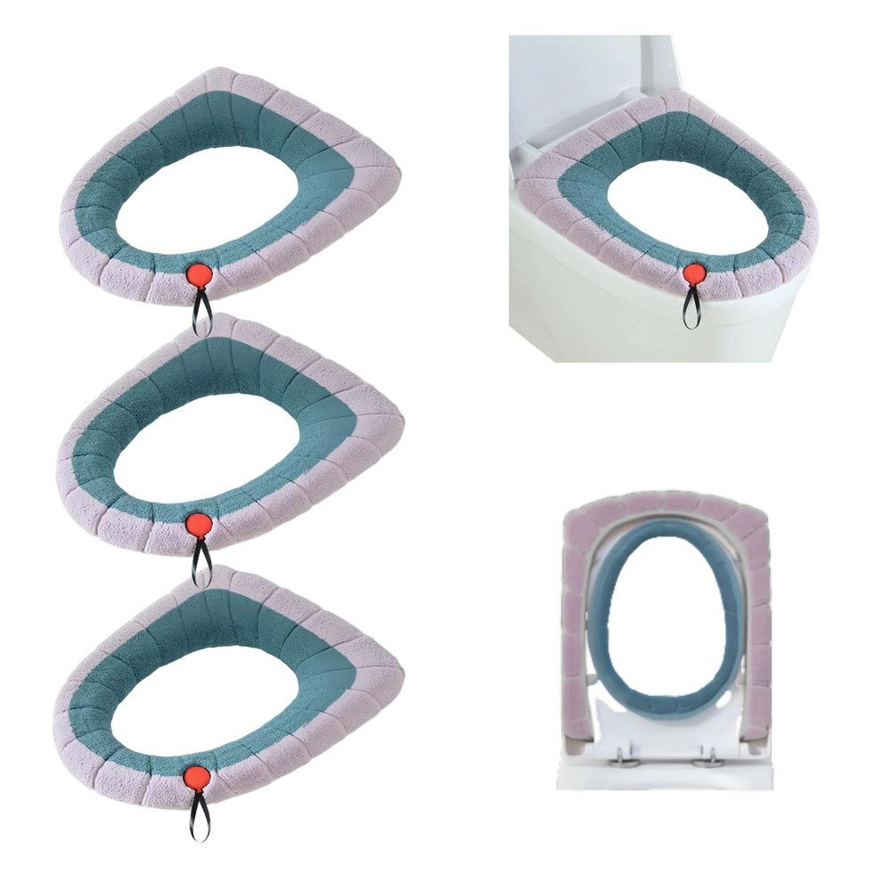 Toilet Seat Warmer Covers 4-Pack - Washable Stretchable Toilet Seat Cushion for Elongated & Round Toilets | 4 Seasonal Designs | Winter Comfort for Family (Extra large light purple and green)