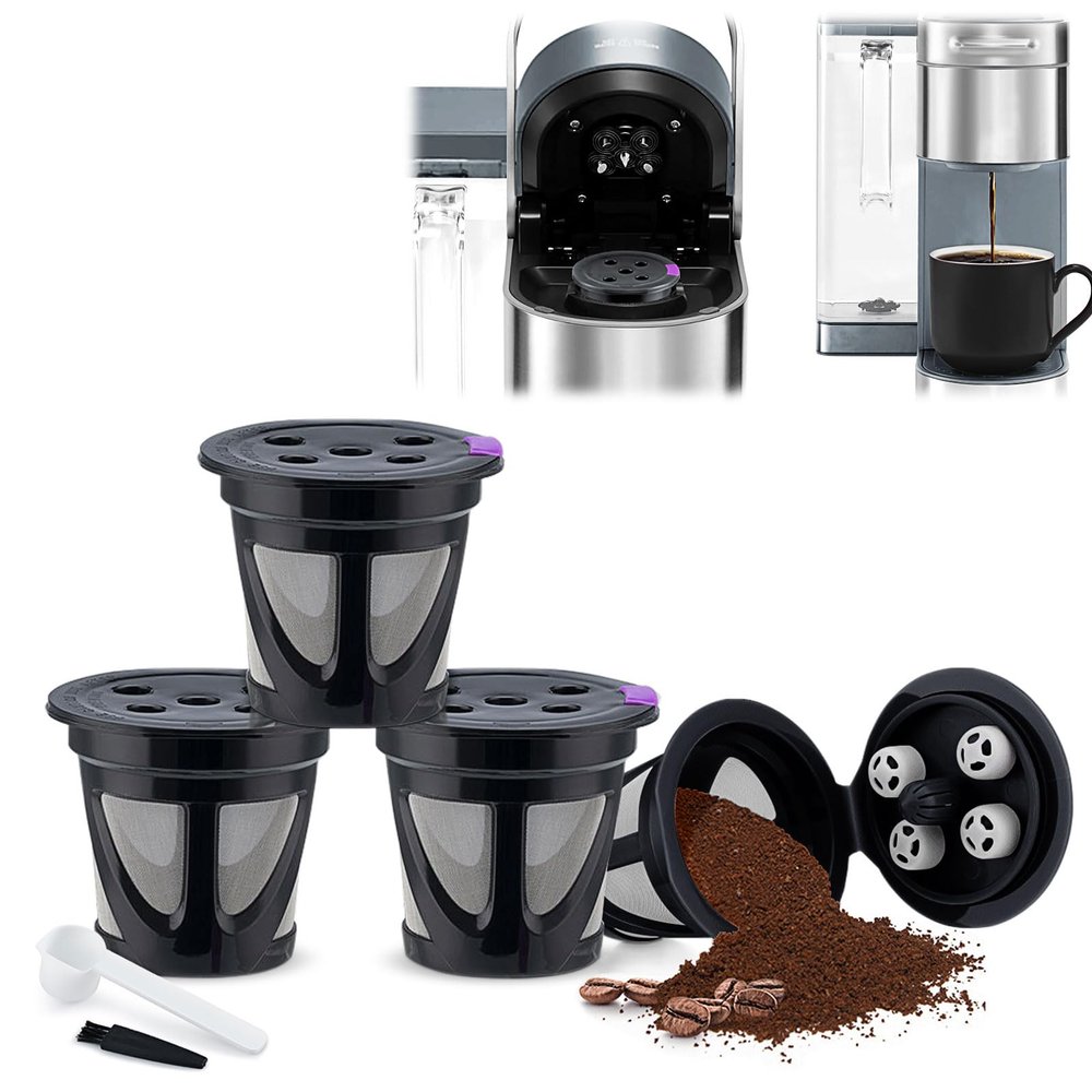 4 Pieces K Cups Reusable Coffee Filters with Coffee SpoonBuilt-In Stainless steel Mesh Straine K Cup Coffee Pod (Black)