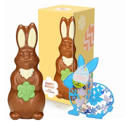Easter Bunny Chocolate for Easter Gifts - Milk & White Chocolate Happy Bunny Figure 170g with Topline Wooden Decoration. Great Chocolate Gift for Kids Egg Hunt, Chocolate Hampers