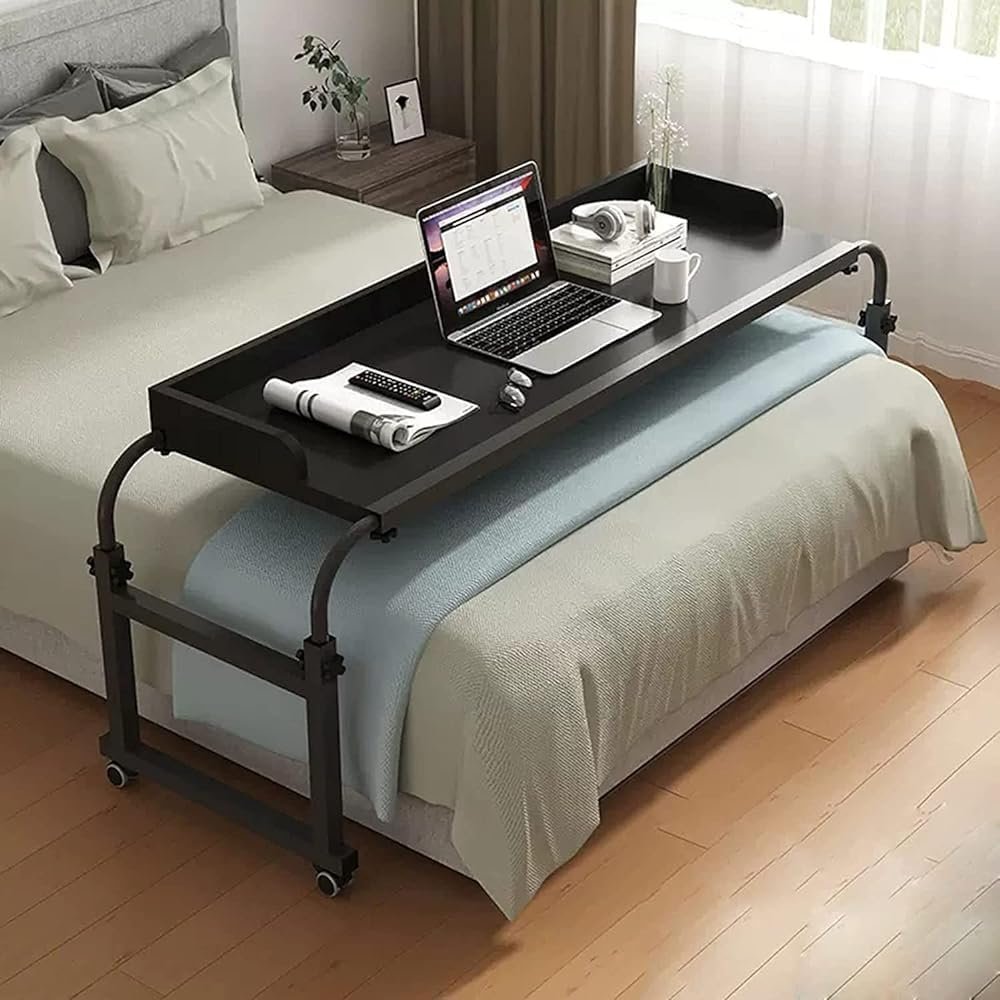 Overbed Table Extendable With Wheels, Height & Length Adjustable Mobile Computer Workstation, Hospital Table On Bed For Twin/Full/Queen/King Size Bed Frame