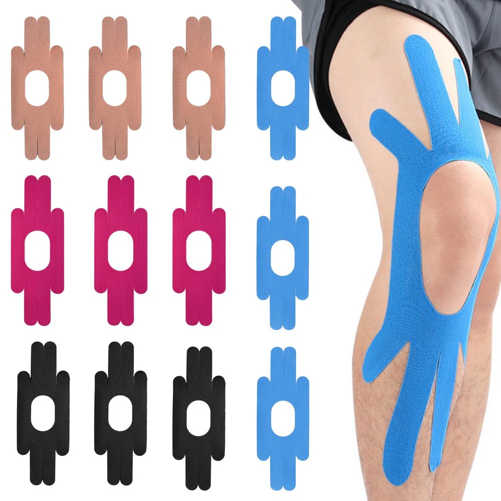ExcellaElite 12 PCS Knee Tapes for Knee Pain Kinesiology Tape Pre Cut Waterproof & Elastic for Knees Shoulders Ankles Wrists Reduce Damage for Muscle Discomfort Relief for Running,Hiking,Riding