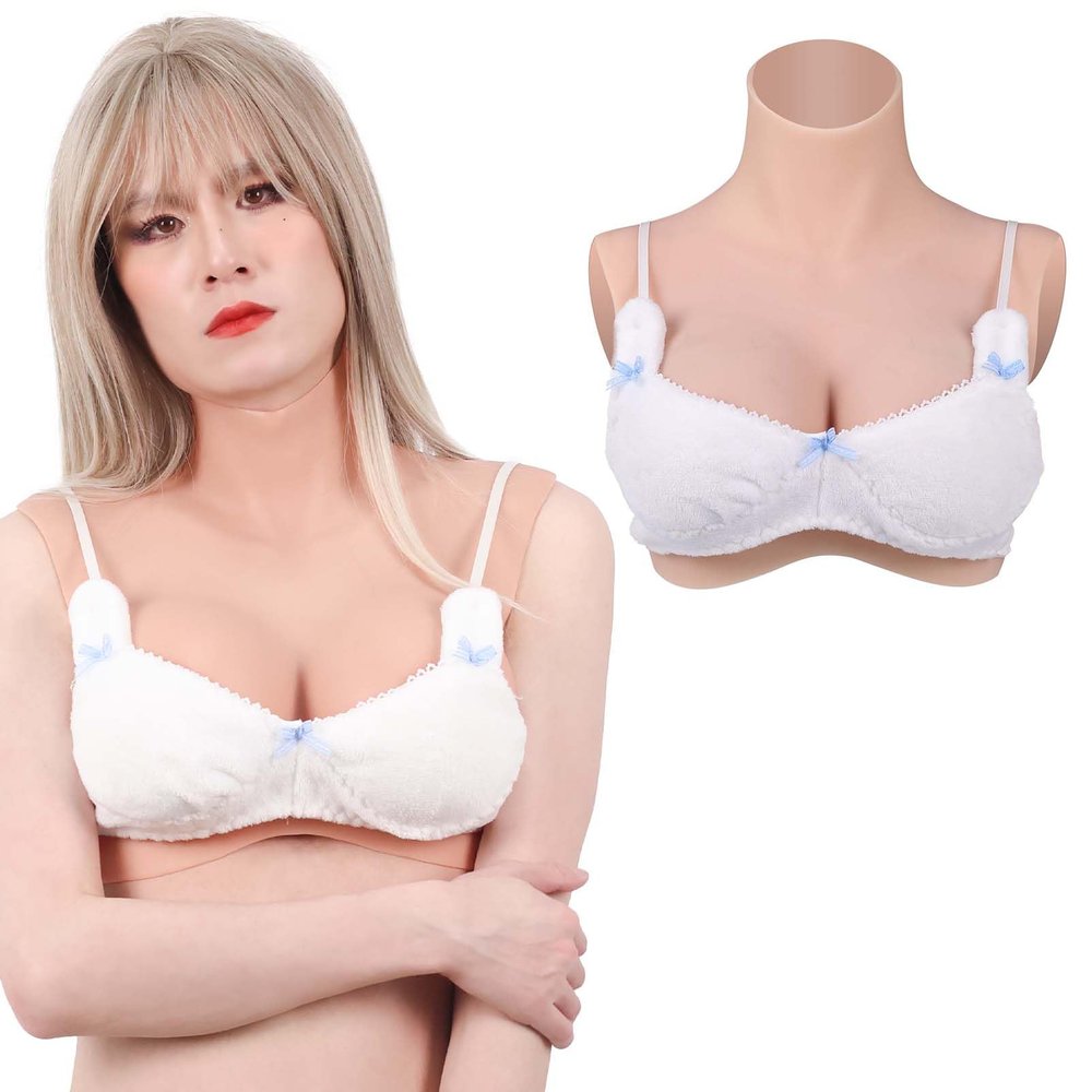 Funxzior Realistic Silicone Crossdressing Breast Forms Seamless Roll Neck Breastplate False Chest Plates Turtleneck Fake Tits for Drag Show Transgender Cosplay B Cup Boobs Cotton Filled, Beige