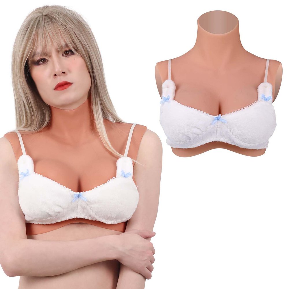 Funxzior Realistic Silicone Crossdressing Breast Forms Seamless Roll Neck Breastplate False Chest Plates Turtleneck Fake Tits for Drag Show Transgender Cosplay H Cup Boobs Gel Filled, Bronze