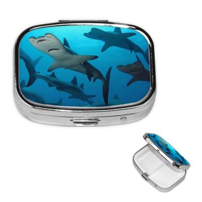 Hammerhead Sharks Pill Box 2 Compartment Square Portable Pill Case for Pocket or Purse Small Weekly Medicine Planner Travel Pillbox with Mirror Decorative Metal Vitamin Holder Gifts