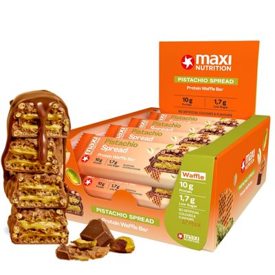 MaxiNutrition Pistachio Spread Protein Waffle Bar 12 x 39g bar, 10g protein, 199 kcal, 13g carbs per serving