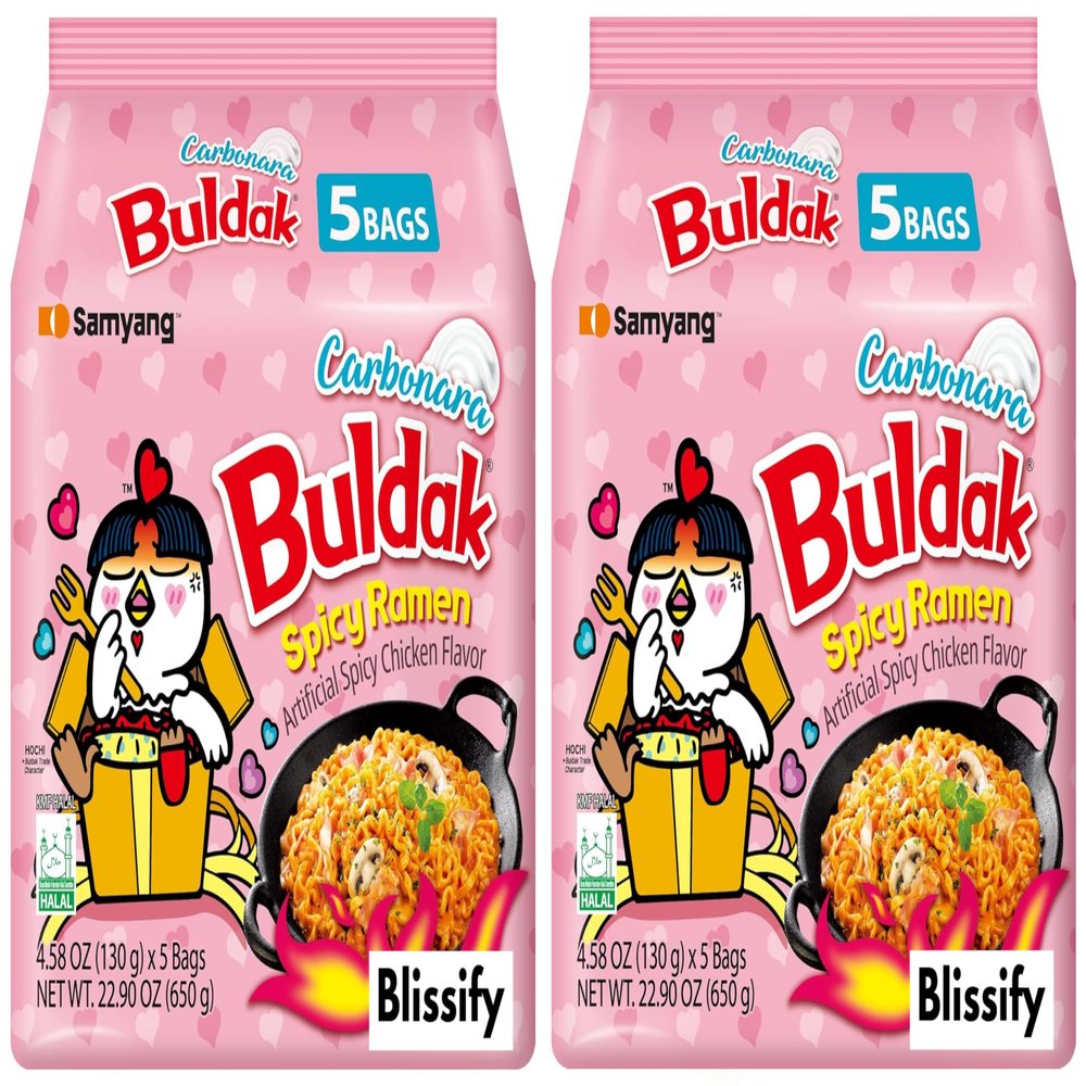 Blissify - Korean Import Hot Chicken Flavour Carbo nara Noodles - Fire Fried Super Hot Spicy PINK Noodle (128g x 10) - HALAL - By Buldak