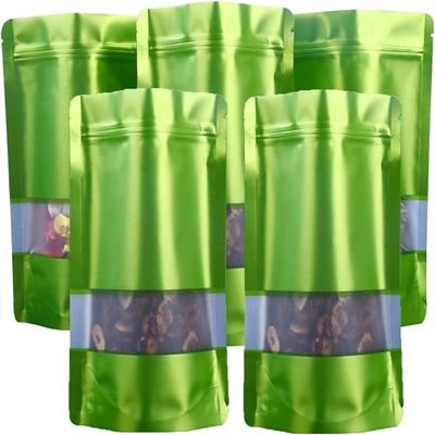 100Pcs Mylar Bags for Food Storage with Frosted Window Metallic Mylar Aluminum Foil Sealable Bags Stand Up with Ziplock, Heat Sealing Bags, for Dehydrated Vegetables, Grains,Green,16x24cm(6.