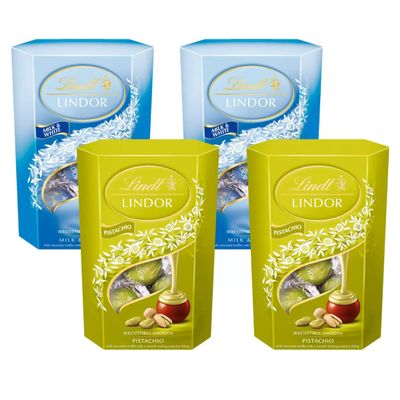 Lindt Lindor Chocolate Truffles Gift Set, Milk White and Pistachio Flavours, 4 Boxes