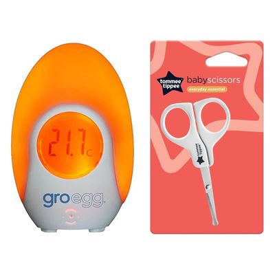 Katsy Style Baby Care Essentials Combo Safety Baby Scissors with Rounded Tips + Groegg Digital Nursery Thermometer with Nightlight USB Powered, Color Changing Glow, LED Display