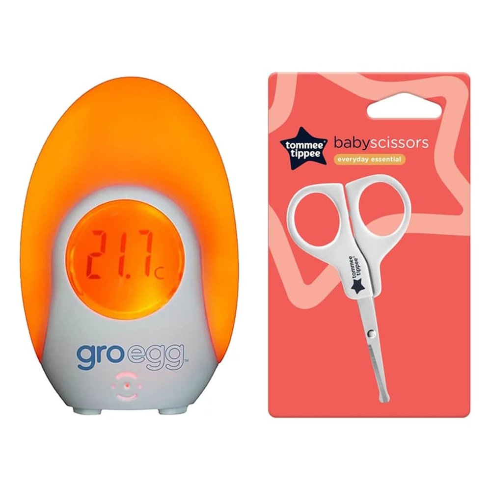 Katsy Style Baby Care Essentials Combo Safety Baby Scissors with Rounded Tips + Groegg Digital Nursery Thermometer with Nightlight USB Powered, Color Changing Glow, LED Display