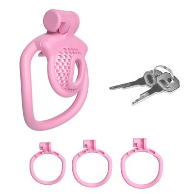 Men's Positive and Negative Honeycomb Breathable Cage, Men's Flat Mini Inverted Device with 3 Different Size Rings (Pink, Positive)