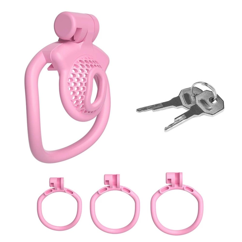 Men's Positive and Negative Honeycomb Breathable Cage, Men's Flat Mini Inverted Device with 3 Different Size Rings (Pink, Positive)