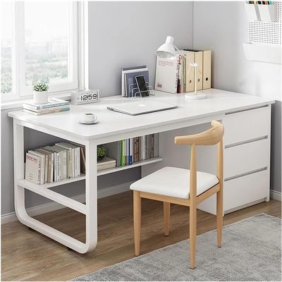 Modern Multifunctional Office Desk with 3 Drawers and Storage Shelves - Stylish Workstation for Home Office or Study Area