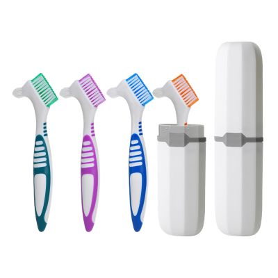 BELEFU 4 Pieces Dual Sided Denture Brush with 2 Case, False Teeth Denture Toothbrush, Dental Cleaning Brush for Retainer Brace with Multi-Layered Soft Bristles and Anti-Slip Handle (5 Colors)