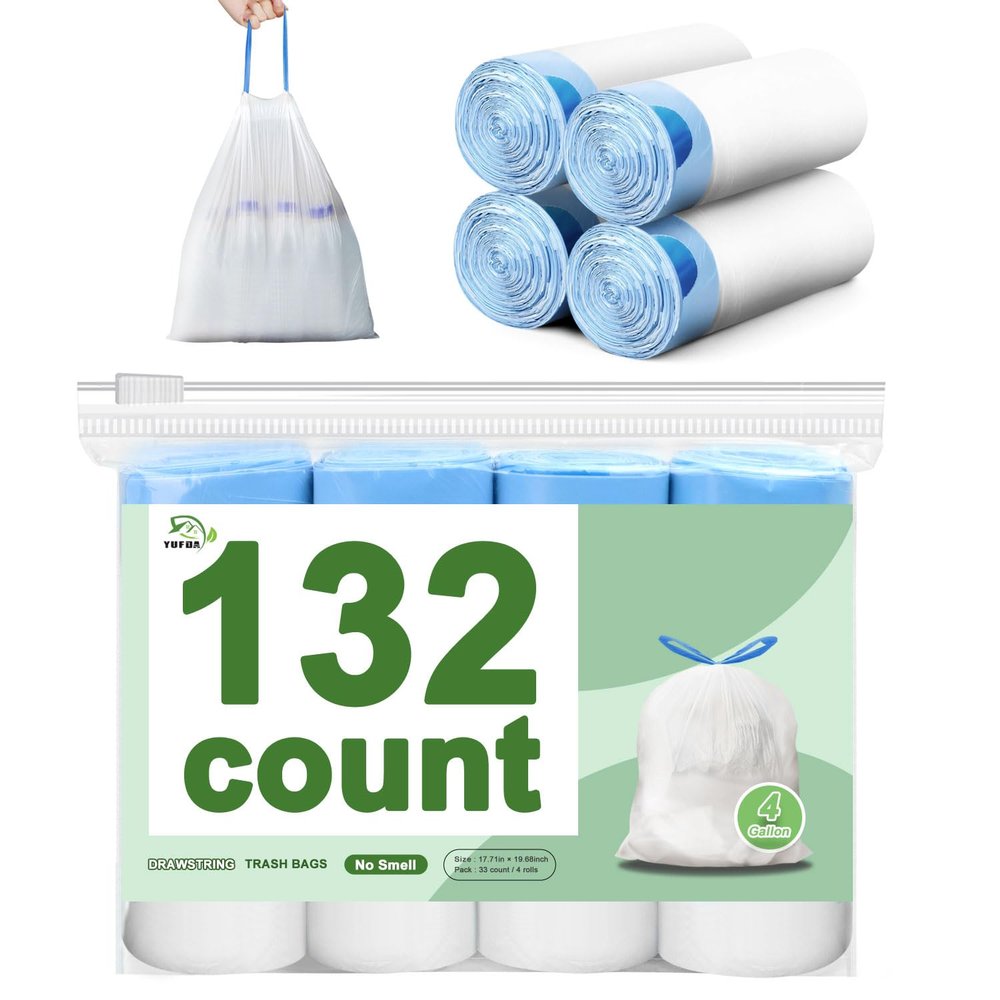 132 Count-Small Trash Bags, 4 Gallon Trash Bag Drawstring, Pure White Bathroom Garbage BagsTear-Free Garbage Bags Plastic Wastebasket Liners for Toilet Home Office and Bedroom