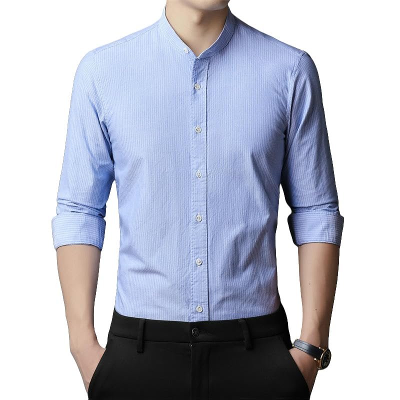 MQMYJSP Men's Long Sleeve Business Casual Shirt Blue Dress Shirt Middle-Aged Men Spring Autumn C659 Blue L