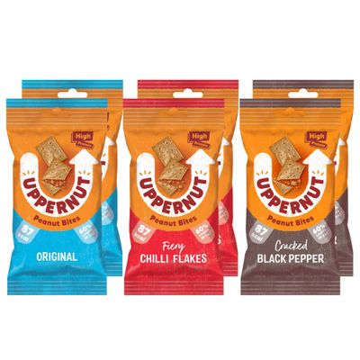 Uppernut Keto Crackers Peanut Biscuits Multipacks - Mixed Pack of 6 x 20g High Protein & Fibre, Low Carb, 60% Less Fat & Gluten Free Snacks, 97% Peanuts, No Flour | (Original/Chilli/Black Pepper)
