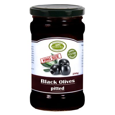 KORVEL Greek Black Olives, Pitted, Halkidiki (Greece), Super Colossal 111/120, Glass Jar 290g Premium Table Olives