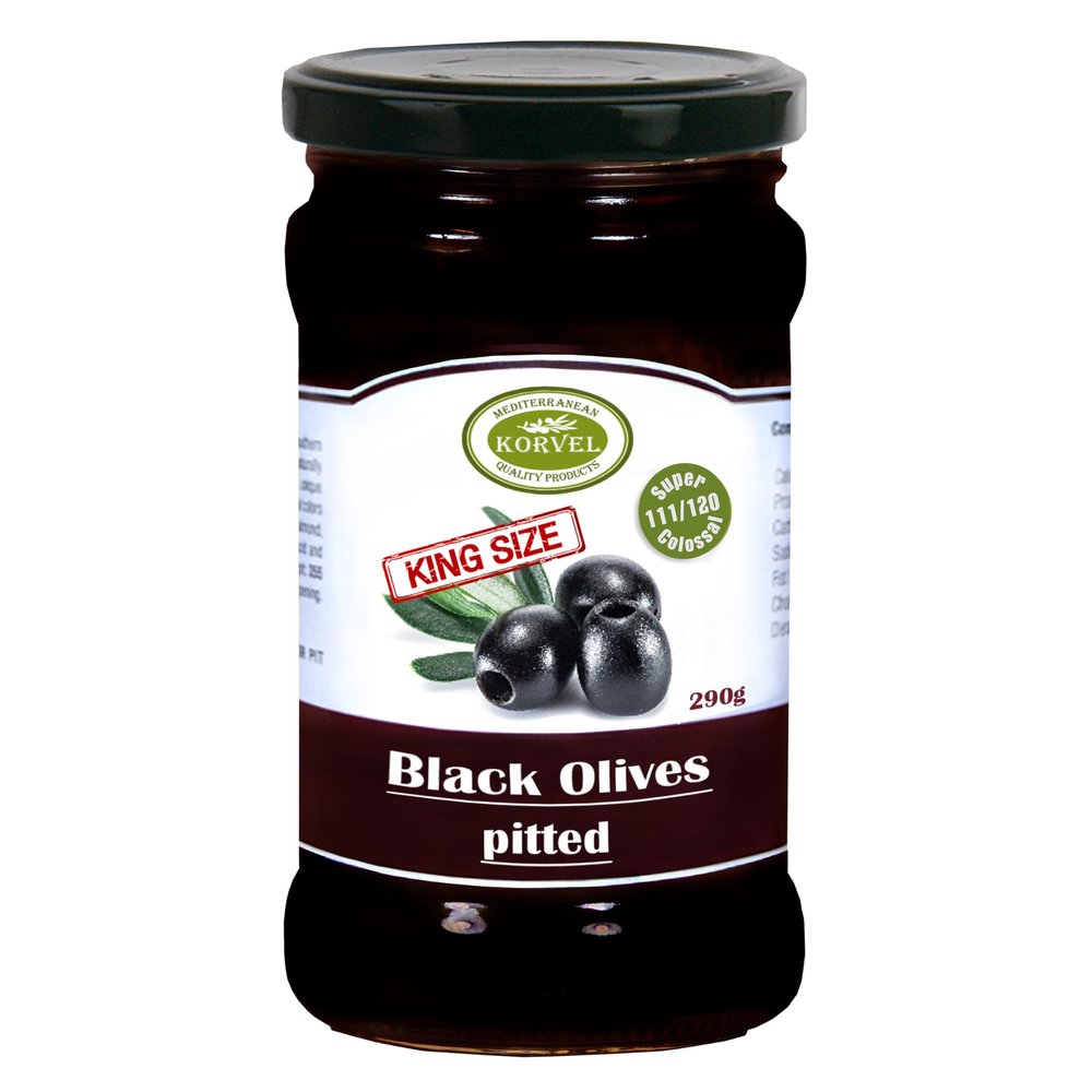 KORVEL Greek Black Olives, Pitted, Halkidiki (Greece), Super Colossal 111/120, Glass Jar 290g Premium Table Olives