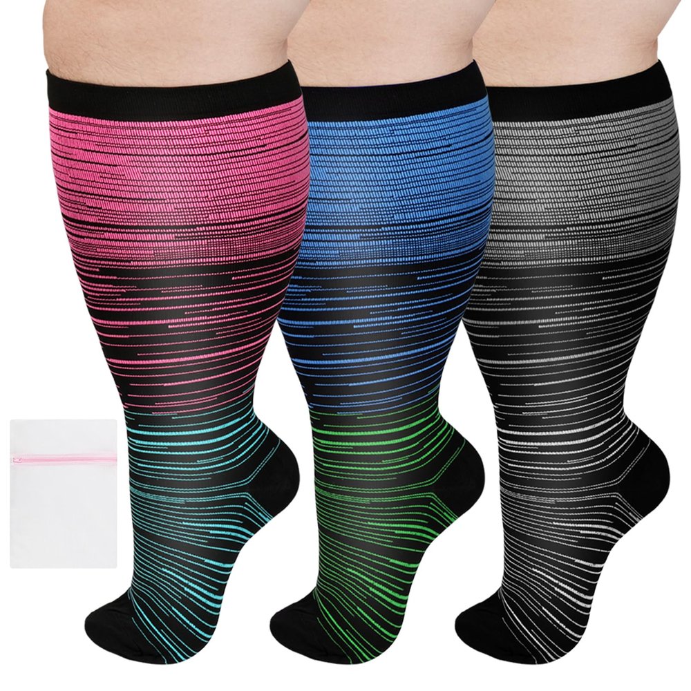 AOOWU Plus Size Compression Socks for Men and Women, 3 Pair Wide Calf Graduated Compression Stockings, Extra Large Knee High Stockings for Support Travel Running Pregnancy Edema Nurses, 20-30 mmHg