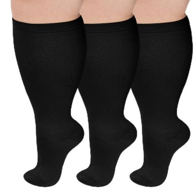 AOOWU Plus Size Compression Socks for Men and Women, 3 Pair Wide Calf Graduated Compression Stockings, Extra Large Knee High Stockings for Support Travel Running Pregnancy Edema Nurses, 20-30 mmHg