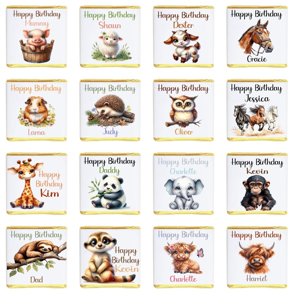 Personalised Chocolate Neapolitan Party Bag Filler Treats Birthday Wedding Christmas Favours Gifts Highland Cow Horse Guinea Pig Giraffe Meerkat Sloth Monkey Owl Hedgehog Elephant (100, Gold Foil)