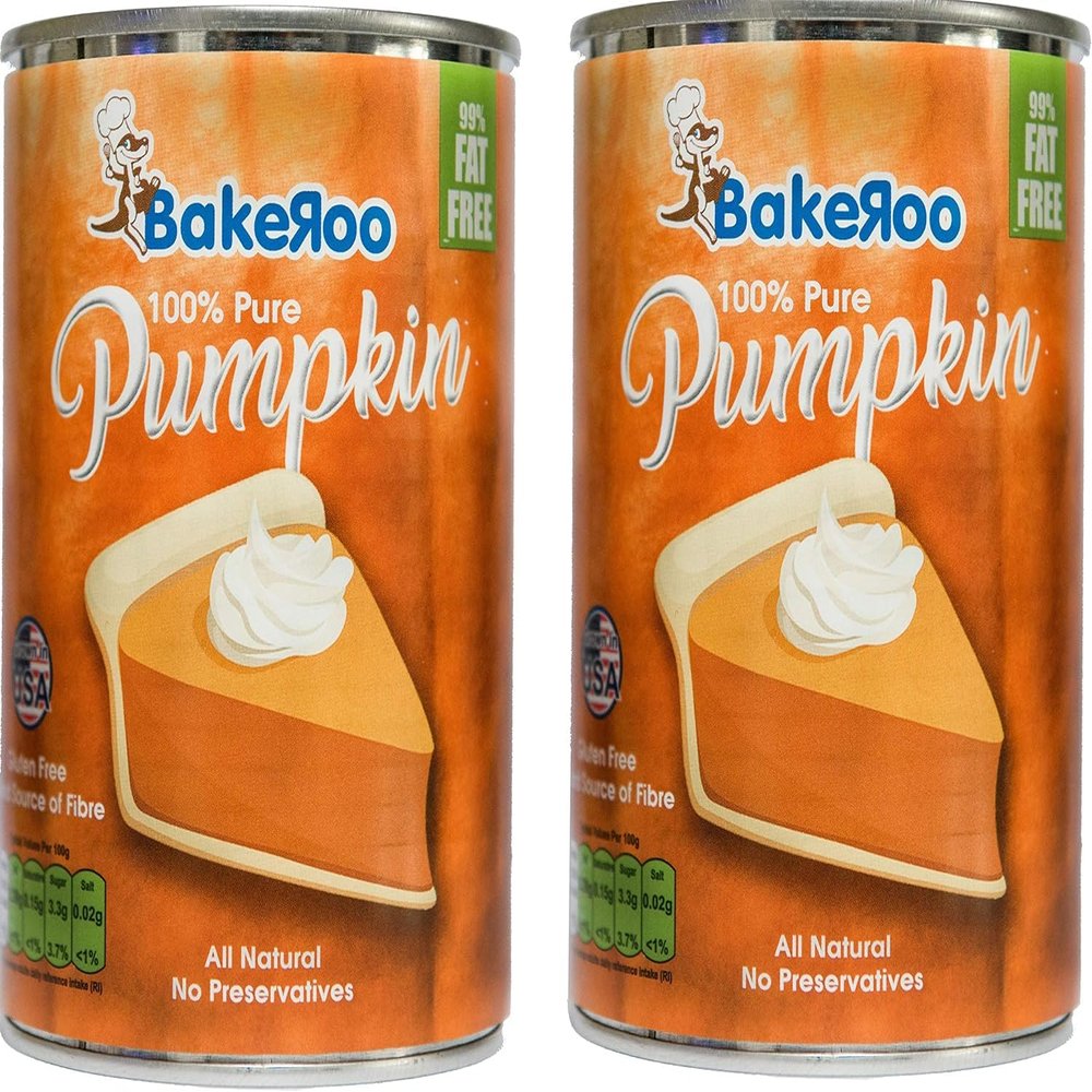 Bakeroo 100% Pure Pumpkin Puree Tin Natural Pumpkin Pie Filling, No Preservatives, Gluten-Free, Vegan & Dairy-Free Smooth & Creamy Texture Product of USA 425g (425g (Pack of 2))