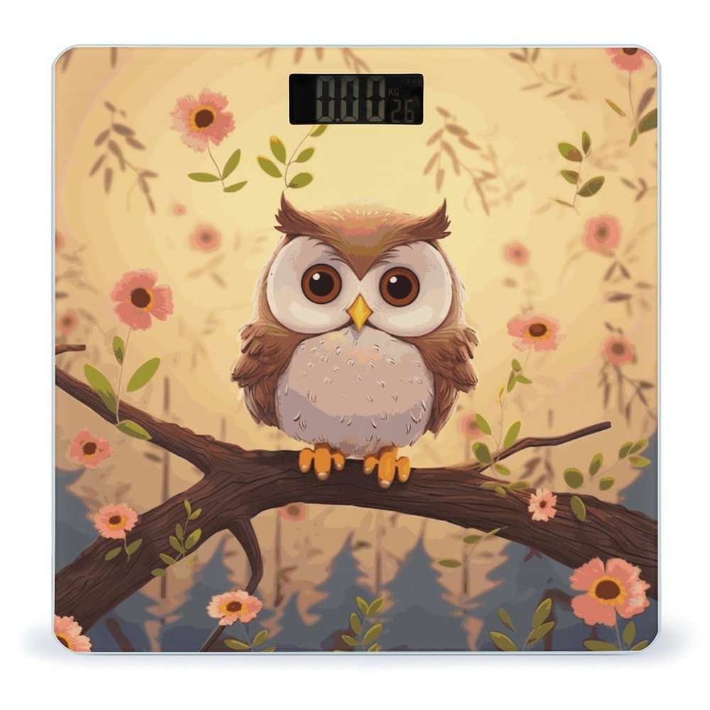 Cute Owl Scale for Body Weight Highly Accurate Digital Bathroom Body Scale Digital Body Weight Scale Tempered Glass LCD Display Batteries and Tape Measure