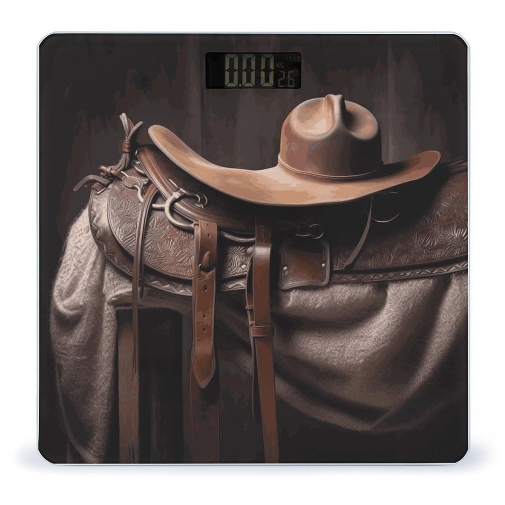 Horse Saddle with A Cowboy Hat Scale for Body Weight Highly Accurate Digital Bathroom Body Scale Digital Body Weight Scale Tempered Glass LCD Display Batteries and Tape Measure
